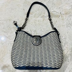 Brighton Navy Blue Cream Woven Straw and Leather Purse